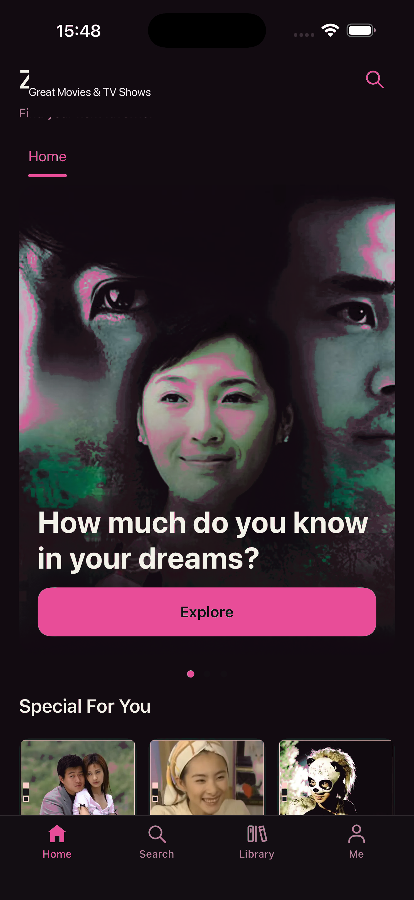 Zuvia home screen showing curated films and series